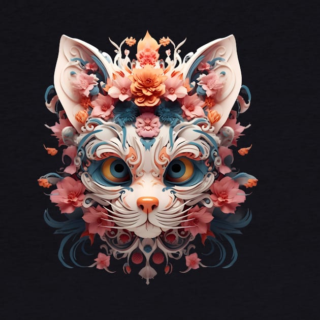 Cat 3d skull blooming flower by Sunakokookkook